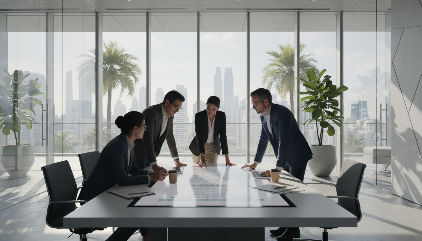 A modern office interior in Dubai with high-end glass partitions, sunlight streaming in, showing a diverse group of HR professionals and legal consultants reviewing insurance documents on a large digital tablet, professional yet relaxed atmosphere, ultra-detailed 8k resolution.