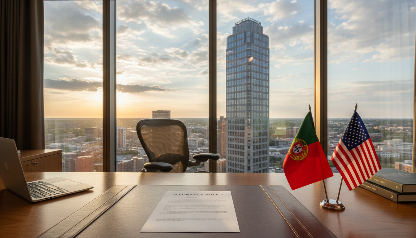A professional office setting in downtown Tulsa with a view of the BOK Tower through the window, featuring a desk with an insurance policy document and a small Portuguese flag alongside an American flag, symbolizing international business relations.