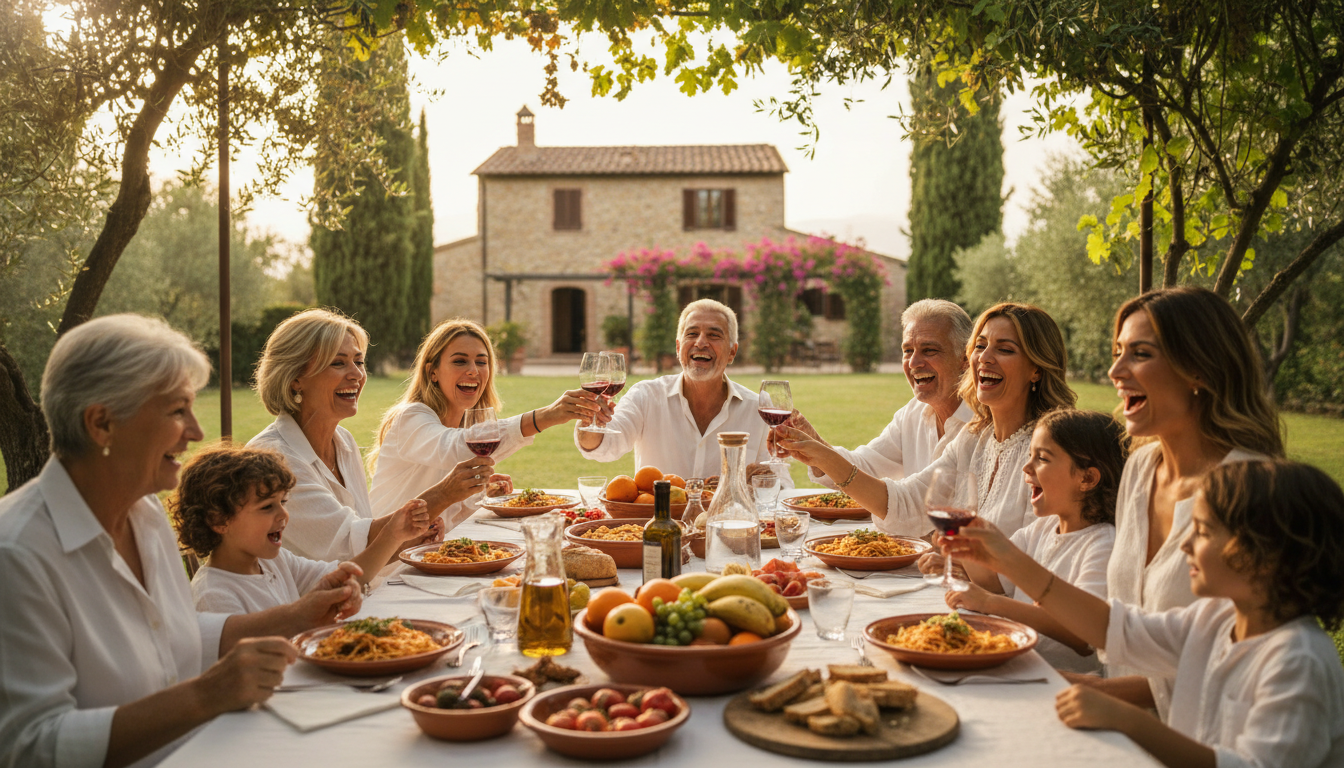A warm, cinematic shot of a multi-generational Italian family sitting together in a sun-drenched garden, sharing a meal and laughing, symbolizing legacy and financial security, high-resolution photography style.