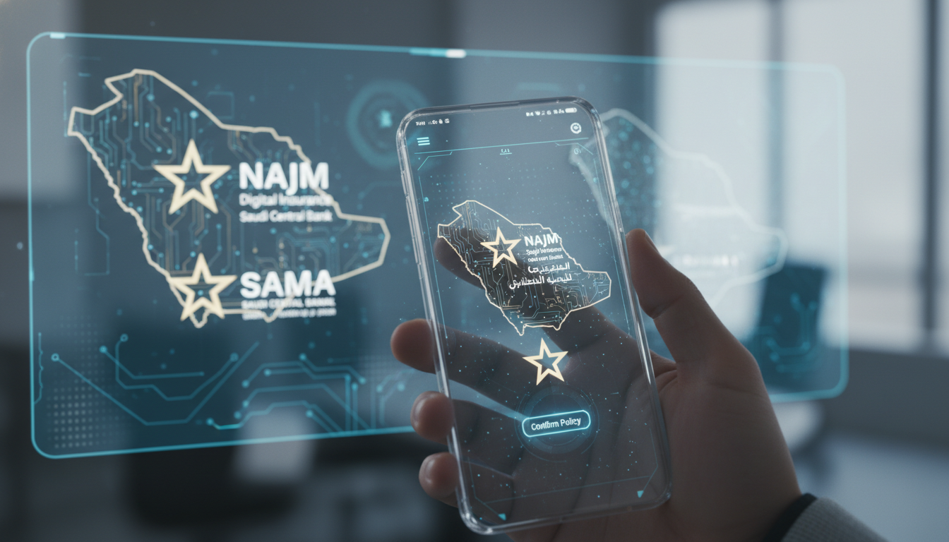A professional close-up of a person's hand using a high-tech smartphone app with the Najm and Saudi Central Bank logos visible in the background, representing the digital insurance process in Saudi Arabia.