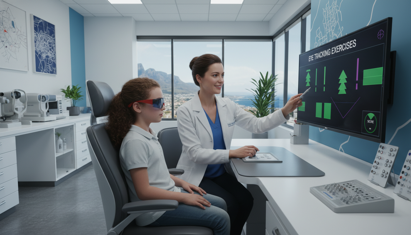 A professional optometry room in Cape Town with a young patient wearing 3D glasses for a vision therapy session, a digital screen displaying tracking exercises, and a female optometrist guiding the process, modern clinical setting.