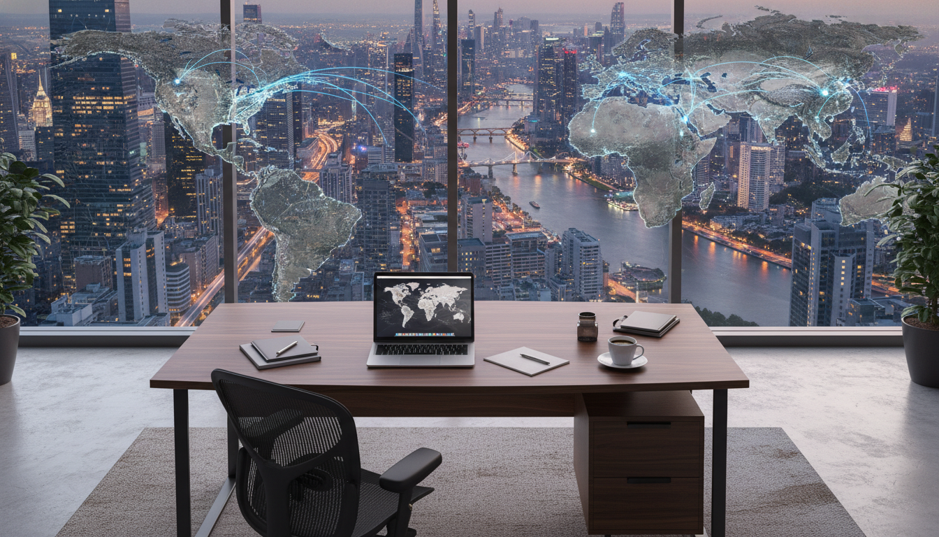 A professional and clean office setting with a view of a modern city skyline, featuring an insurance agent's desk with a laptop, a world map in the background, and a cup of coffee, representing global insurance connectivity and a relaxed professional atmosphere.