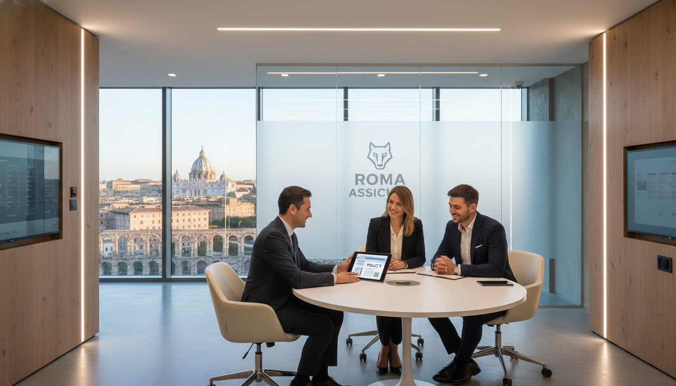 A sleek, modern insurance office interior in Rome with a view of the city skyline through the window, featuring a professional consultant and a smiling couple reviewing a policy on a digital tablet, emphasizing trust and technology.
