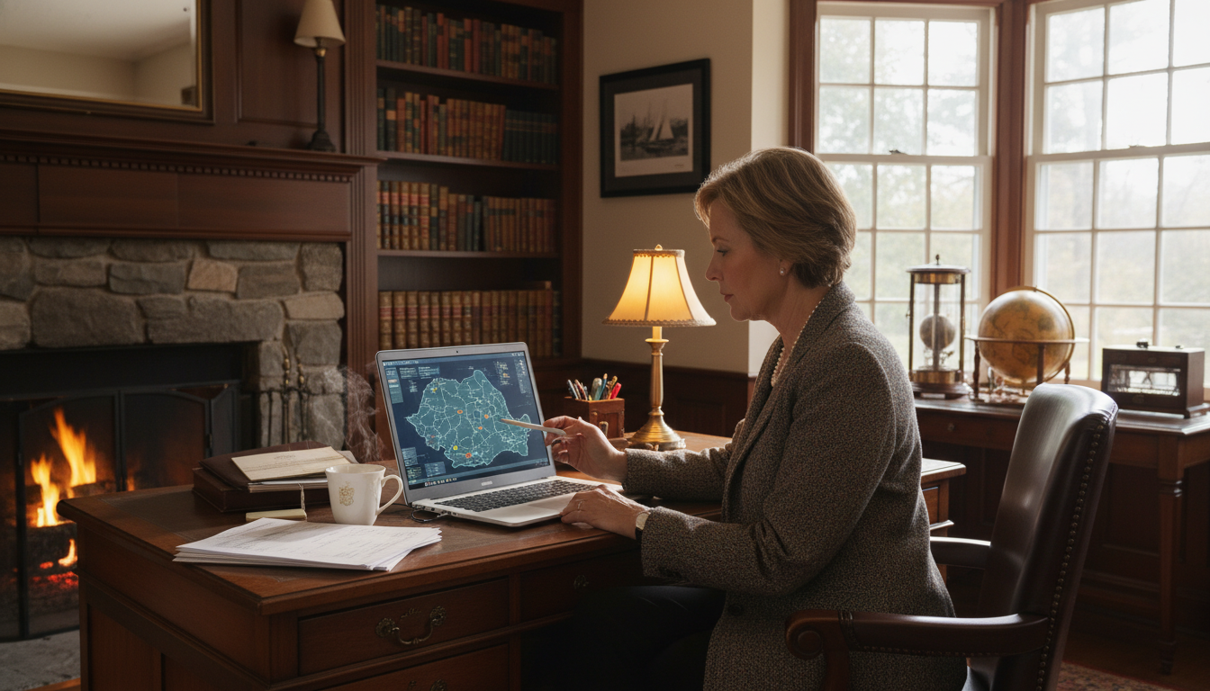 A professional insurance advisor sitting in a classic New England office in Grafton, looking at a digital map of Romania on a laptop, with a warm and inviting atmosphere, photorealistic style.