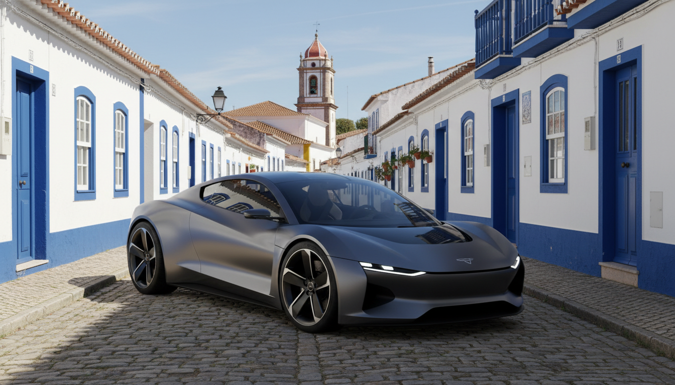 A sleek modern car parked on a cobblestone street in a traditional Portuguese village with white-washed houses and blue trim under a bright sunny sky.