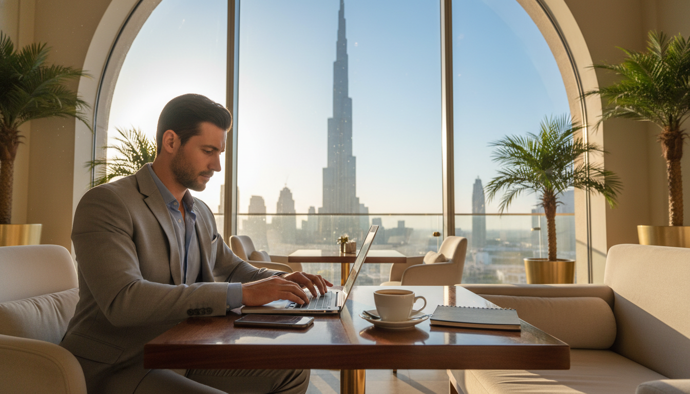 A professional entrepreneur sitting in a high-end cafe in Dubai, working on a laptop with a view of the Burj Khalifa in the background, a cup of coffee on the table, warm morning light, cinematic photography.