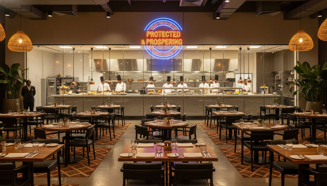 A professional interior shot of a modern, upscale South African restaurant in Johannesburg, featuring warm lighting, elegant wooden tables, and a visible kitchen area with staff working efficiently, symbolizing a protected and thriving business environment.
