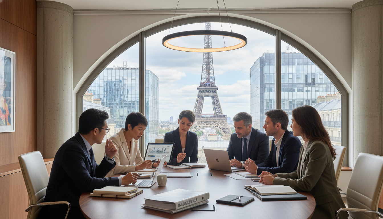A professional office setting in a modern Parisian building with a view of the Eiffel Tower through the window, featuring a diverse group of business people reviewing insurance documents on a digital tablet and a laptop.