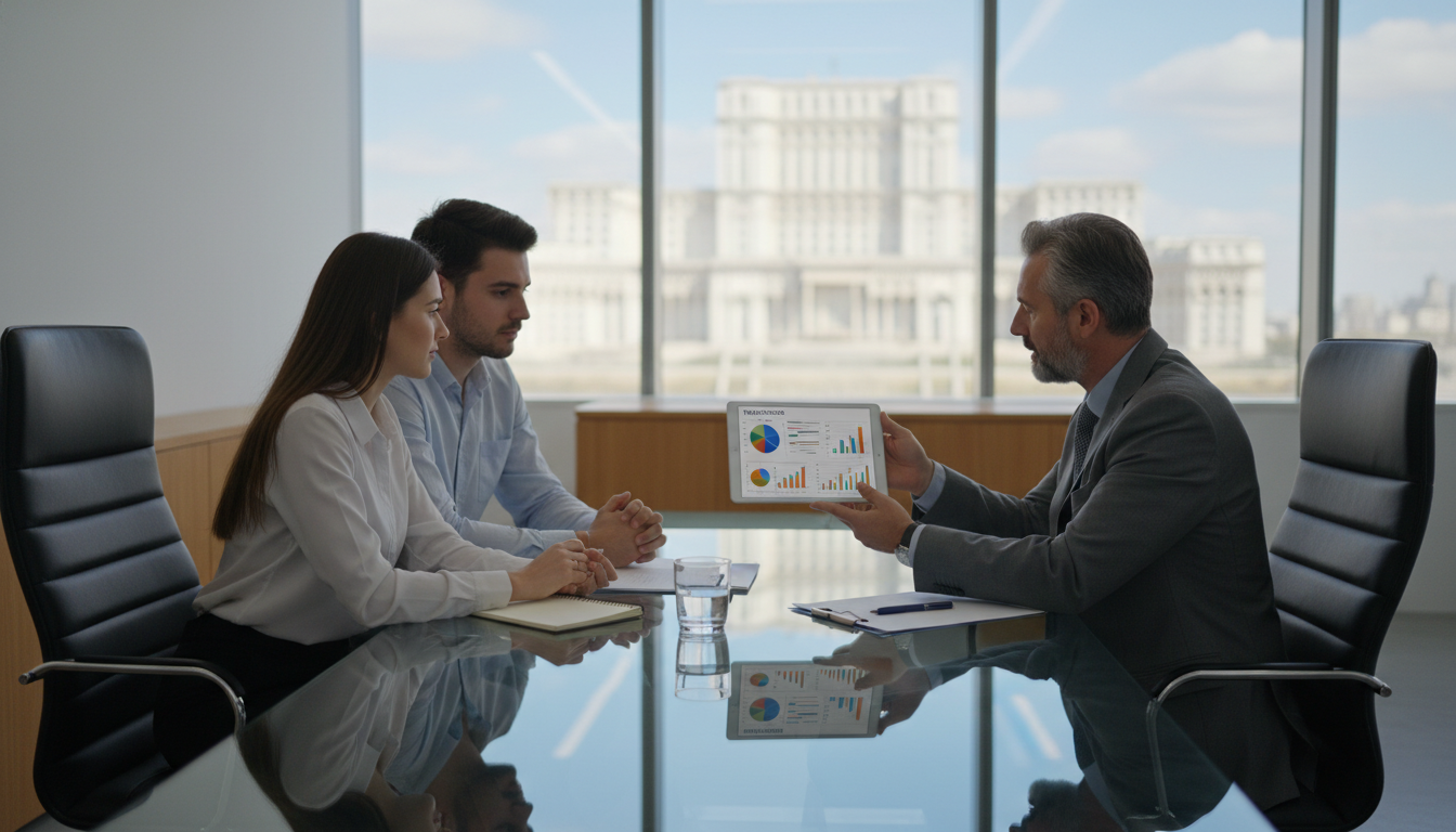 A professional modern office setting in Bucharest, featuring a financial consultant explaining insurance charts on a tablet to a young Romanian couple, with a blurred cityscape of the Palace of Parliament visible through a large window, high-quality photorealistic style.