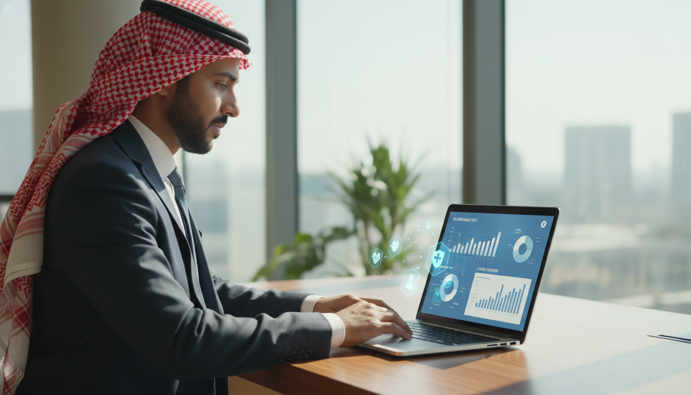 A professional Saudi man in a modern office setting using a laptop, showing a clean and intuitive digital insurance dashboard with charts and health icons, soft natural lighting, high-quality photography style